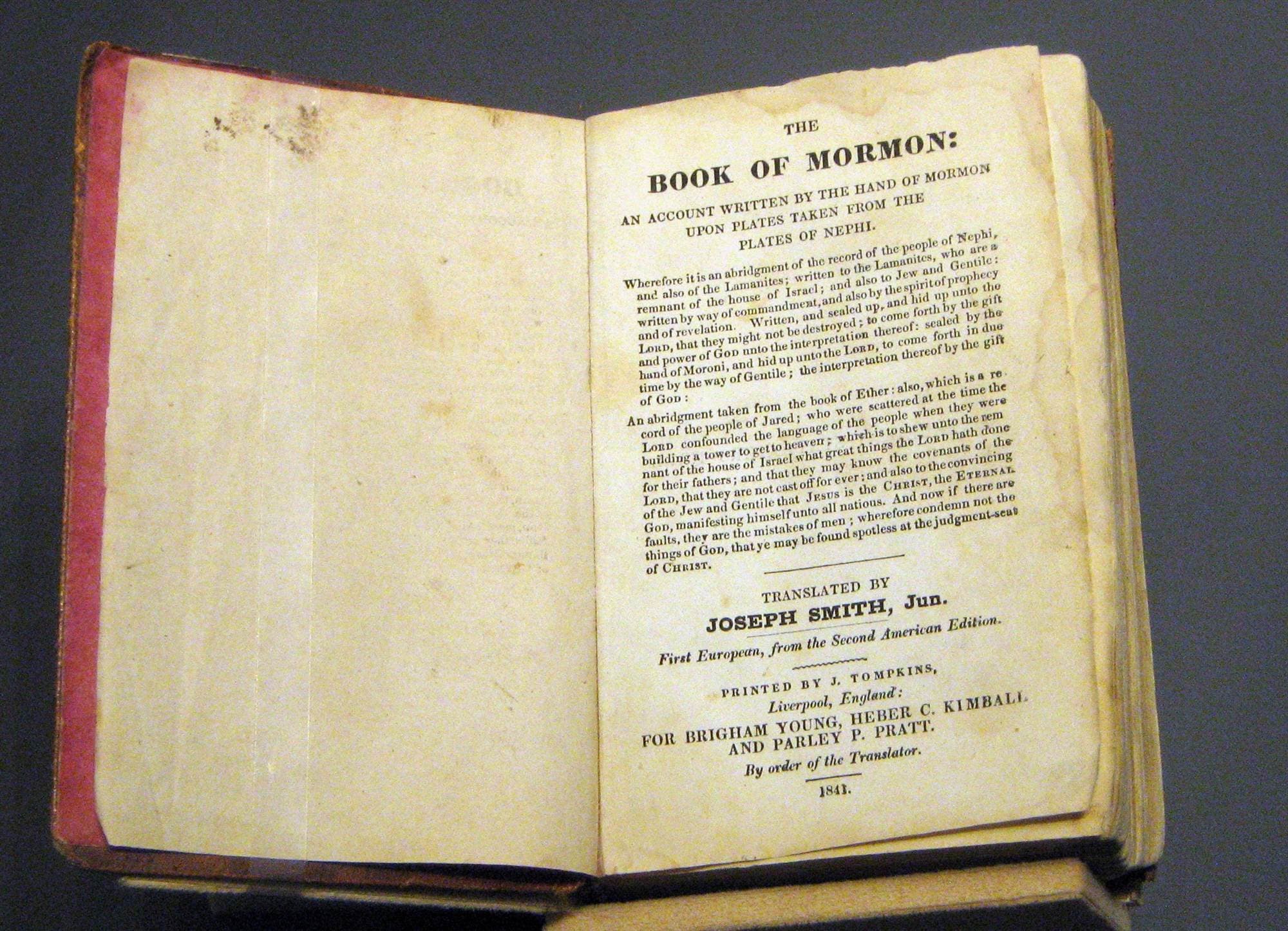 An 1841 first European edition of the Book of Mormon, open to its title page